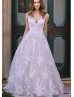 V Neck White 3D Lace Floral Wedding Dress